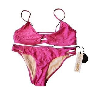 Amuse Society Swimsuit 2 Piece Bikini Hadley Micro Stud Pink Cutout